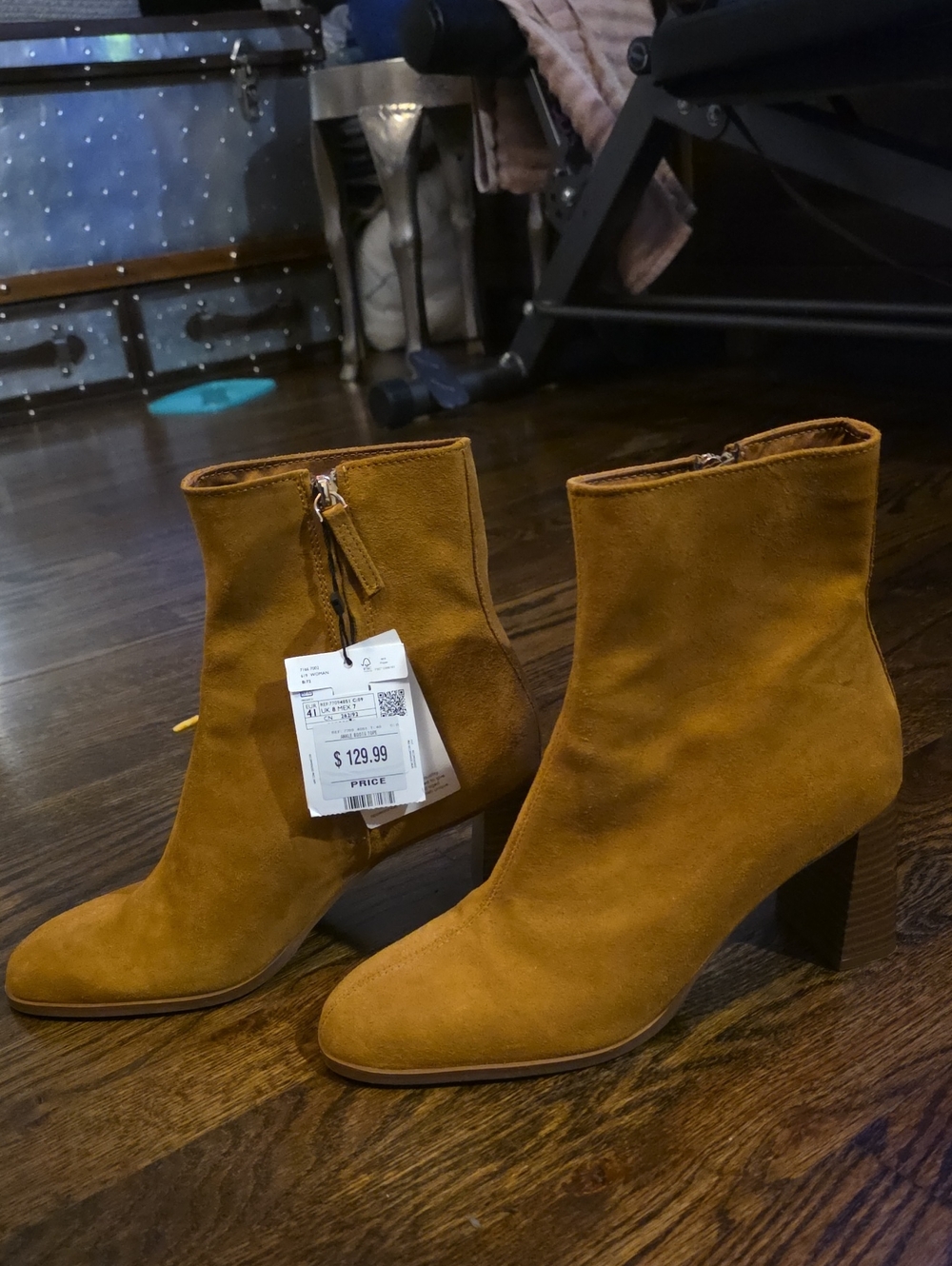 Suede Block Heel Ankle Boots - Camel